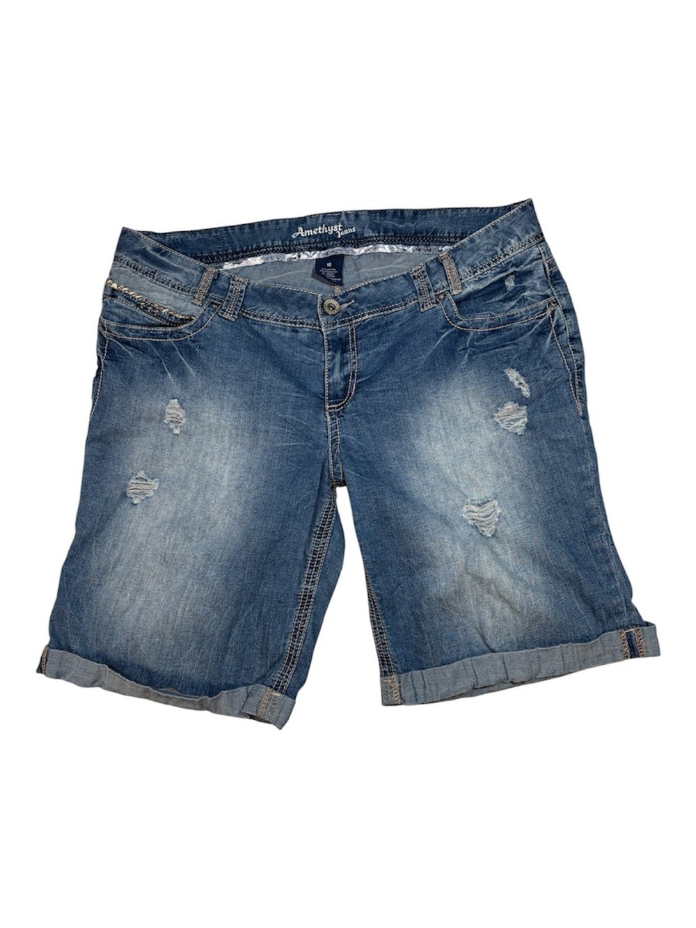 Amethyst Jean Shorts, Stitching Distressed Denim, Size 16, Embroidery, Cuffed